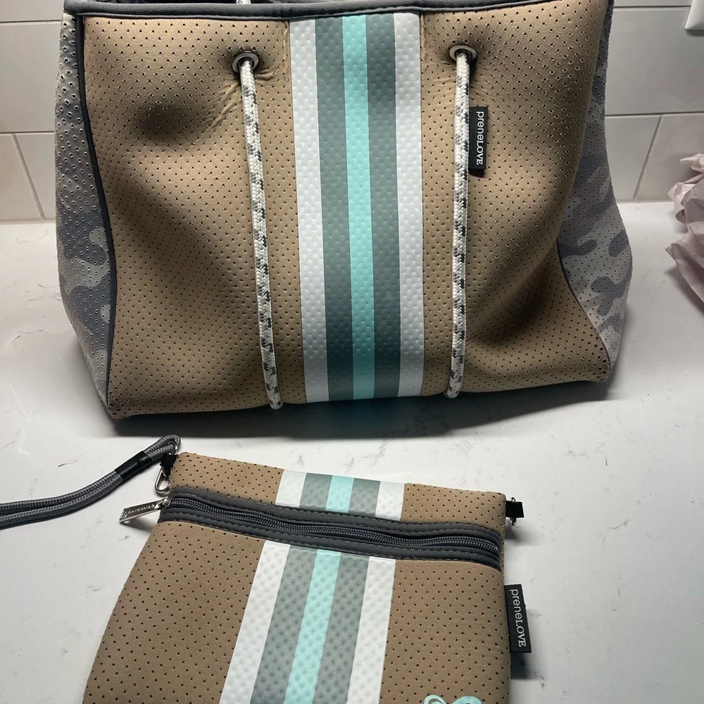 Brown and Gray Perforated Tote Bag with Pouch - Picture 1 of 9